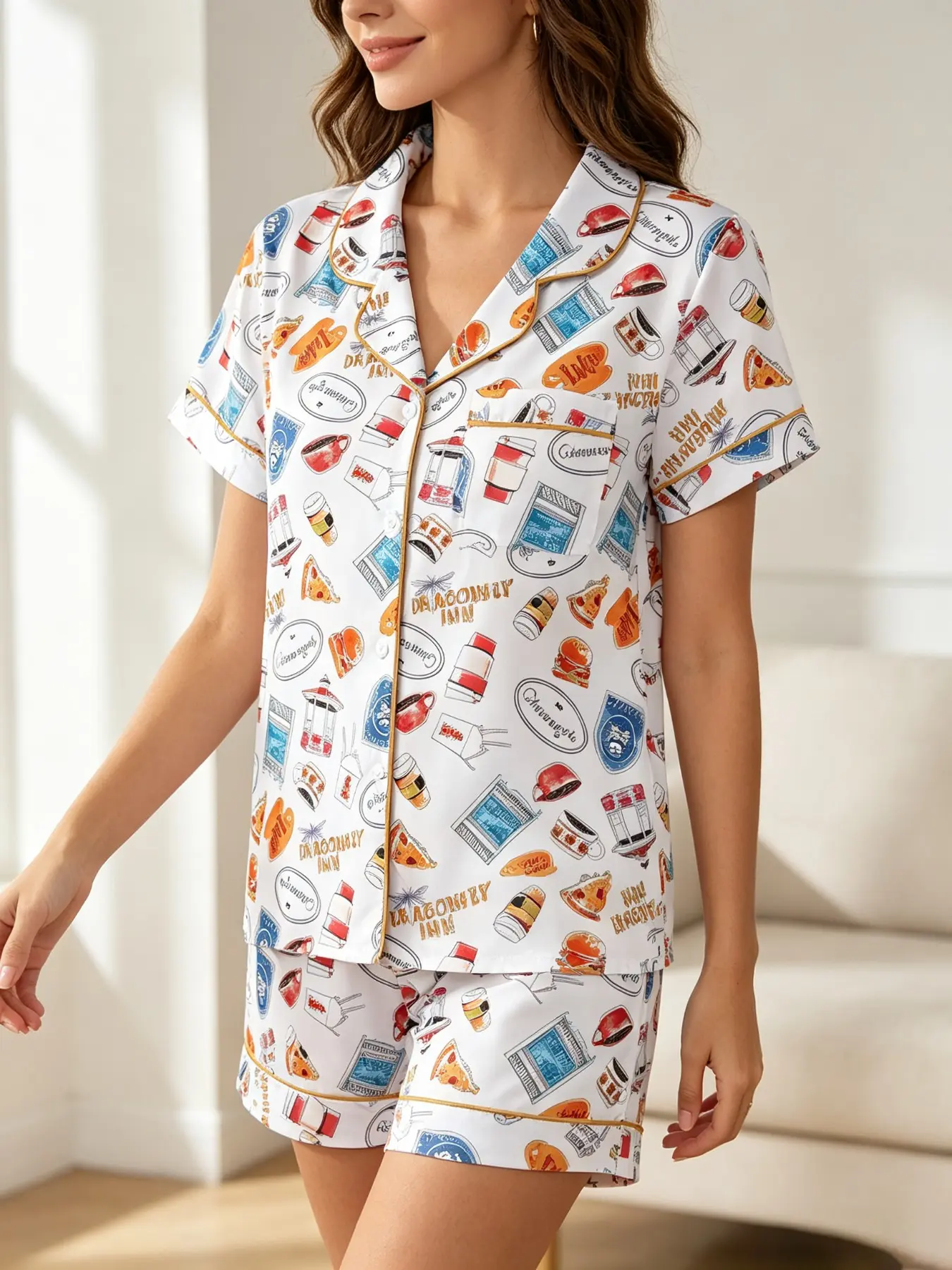 Women's Cartoon Coffee Cup Pizza Print Pajama Set, Casual Fitted Short Sleeve Top and Shorts, All Seasons Home Wear