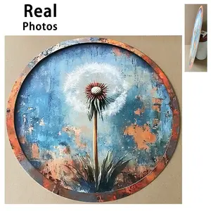 Vintage Dandelion Round Aluminum Wall Hanging, Pre-Drilled Holes, Rustic Aluminum Decoration, Home Garden Holiday Gift, Autumn Design, Wall Ornaments