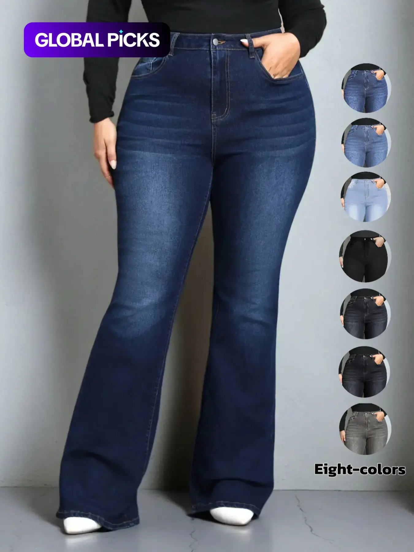 【Plus Size】 Plain Pocket Button Flare Leg Jeans, Casual Comfy Bell Bottom Denim Pants for Daily Wear, Women's Plus Clothing for All Seasons #GLOBAL PICKS