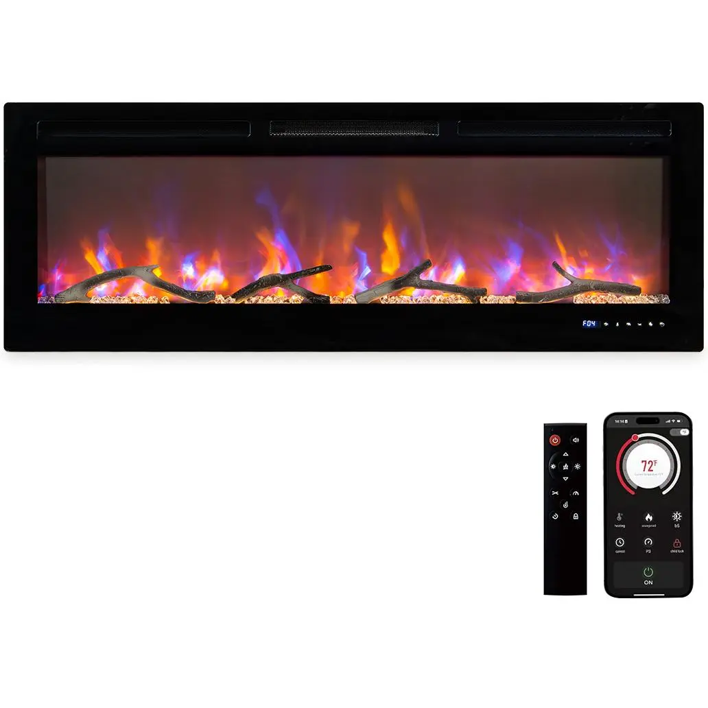50-Inch Recessed Wall-Mounted Electric Fireplace, WiFi & Alexa Compatible, 750W/1500W, 12 Flame Colors, Black