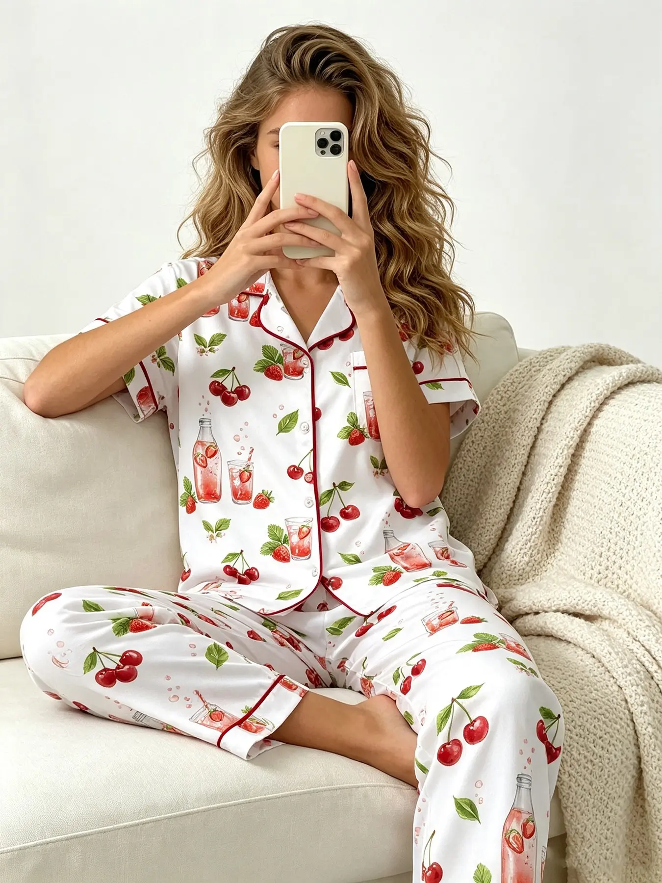 Women's Button Down Short Sleeve Top and Long Pants Pajama Set, All Season Wear, Cozy Relaxed Fruit Soda Print, Lazy Comfort Style, Home Loungewear Sleepwear for Leisure