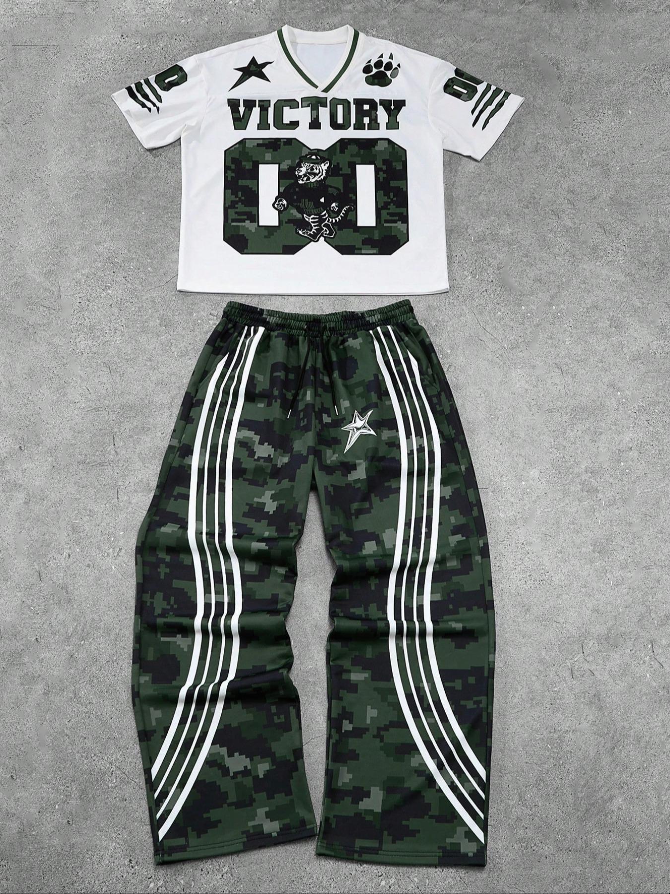 Men's Letter & Star Print Tee & Striped Trim Pants Pyjama Two-piece Set, Men's Sleepwear for Summer