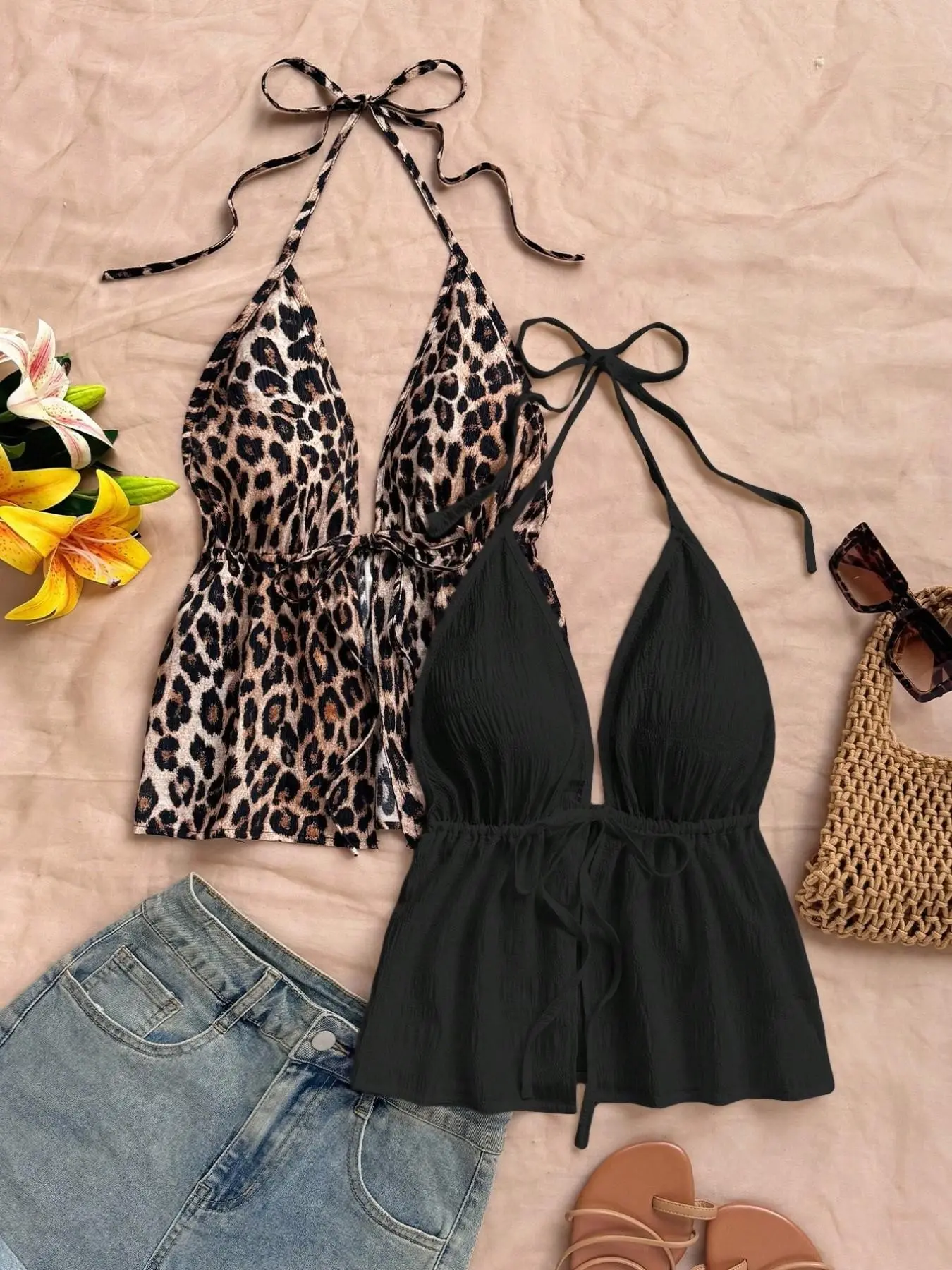 European Style Leopard Print Halter Deep V Strapless Camisole Tank Top, Waist Cinch Fit Sexy Feminine Ruffle Blouse, Beach Vacation, Date Night, Clubbing, Street Fashion