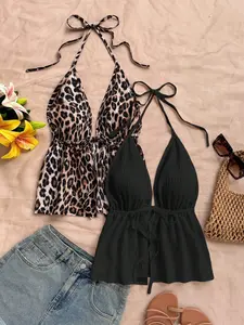 European Style Leopard Print Halter Deep V Strapless Top, Waist Cinch Sexy Feminine Ruffle Blouse, Beach Vacation, Date Night, Clubbing, Street Fashion