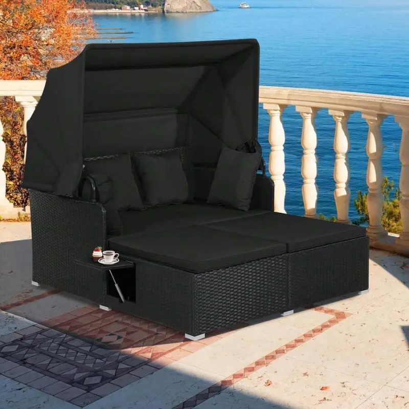 Outdoor Rattan Patio Daybed Lounge - Sturdy Hand-Woven Metal Frame, Foldable Retractable Sun Shade Canopy, Wide Seat, Side Tables, Cushions, Sun Protection, Sunshades for Patio, 800 lbs Capacity, Assembly Required, for Backyard Relaxation with Loved Ones