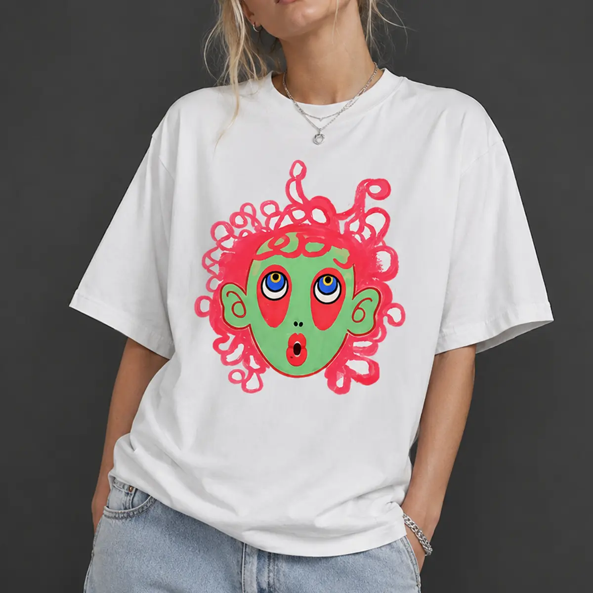 Retro Abstract Face Graphic T-Shirt, Unisex Heavy Cotton Streetwear Tee with Short Sleeve Crew Neck, S, M