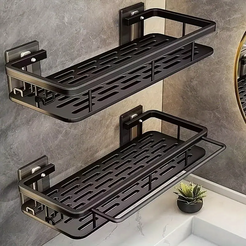 2pcs Wall-Mounted Bathroom Shelf Set, No-Drill Design, Includes 2 Hooks, Space-Saving Organizer for Toilet, Shower, Kitchen, Corner Storage