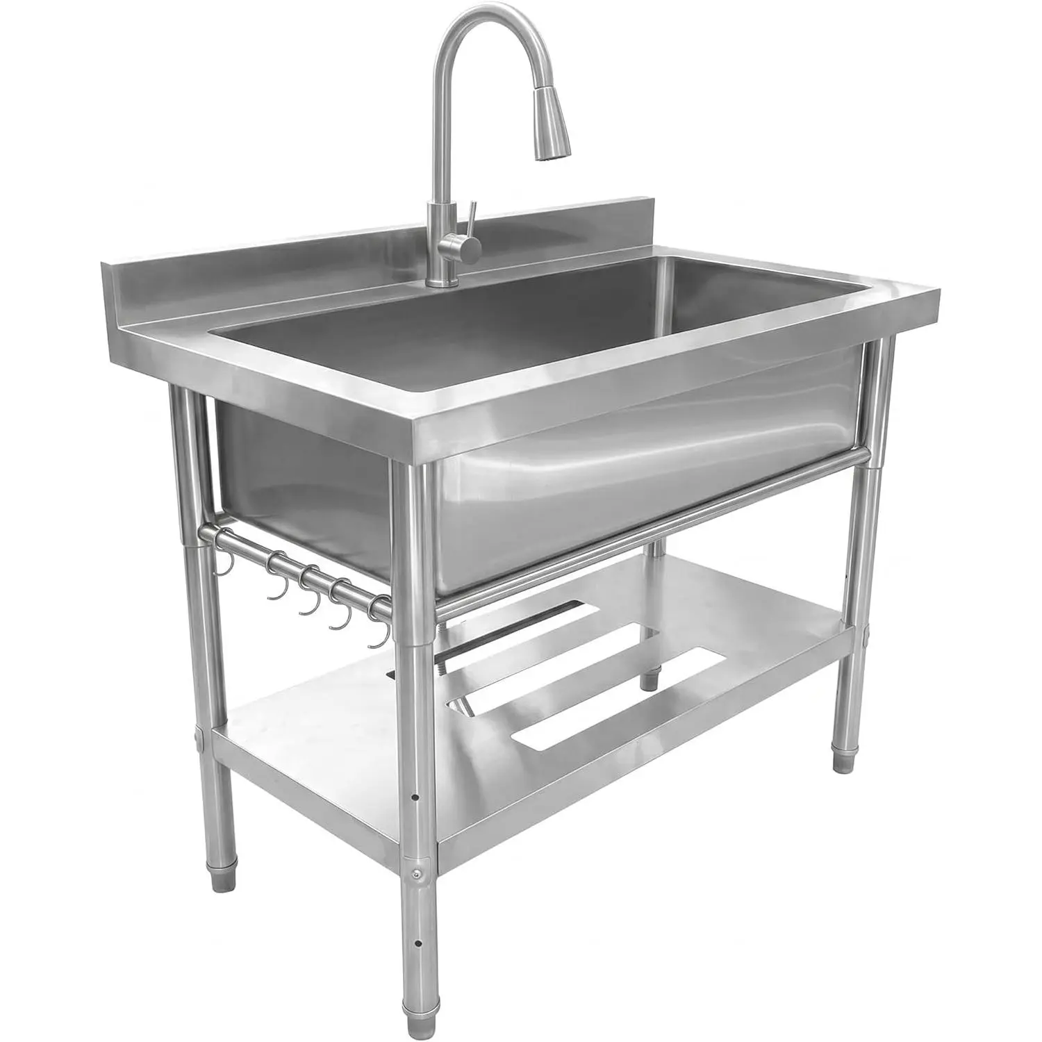 Freestanding Stainless Steel Utility Sink Commercial Single Bowl Utility Basin with Spring Pull Down Faucet 22 Gallon Large Laundry Sink with Storage Shelf Storage Organizer for Garage Restaurant Kitchen Workshop Dog Wash Outdoor