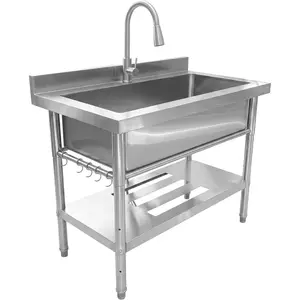 Freestanding Stainless Steel Utility Sink Commercial Single Bowl Utility Basin with Spring Pull Down Faucet 22 Gallon Large Laundry Sink with Storage Shelf Storage Organizer for Garage Restaurant Kitchen Workshop Dog Wash Outdoor