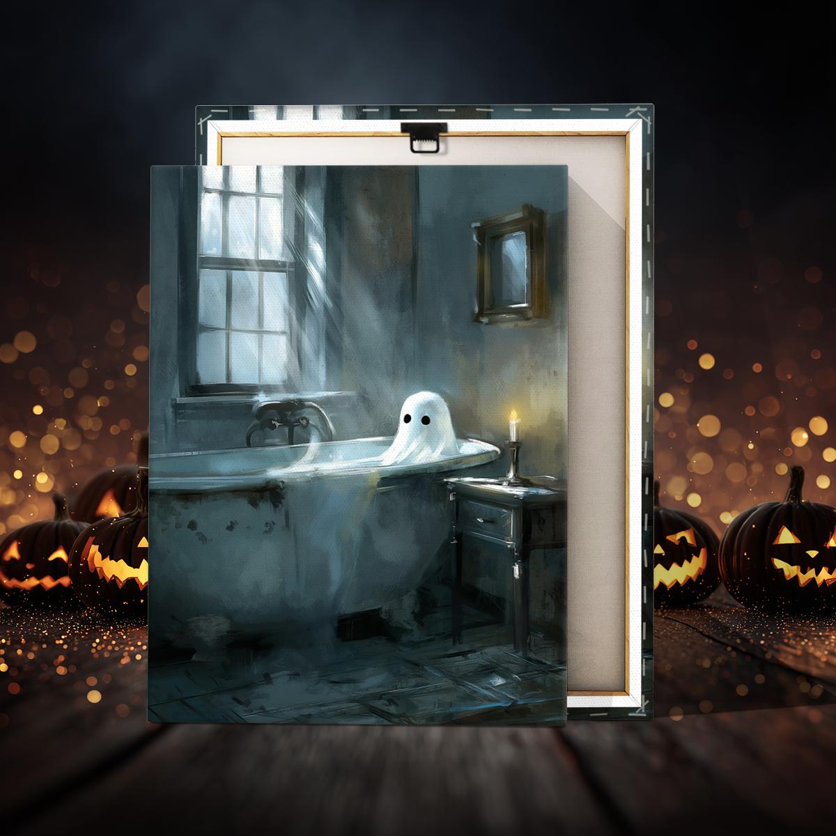 Ghost in The Bathtub Pattern Canvas Painting Framed, 1 Count Halloween Themed Modern Wall Art Painting, Wall Art Decor for Home Living Room Bedroom Office