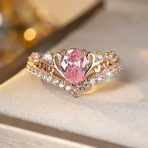 Women's Rose Gold Pink Crown Ring - Cubic Zirconia Accent Alloy Costume Jewelry, Rings for Women for Weddings and Daily Wear