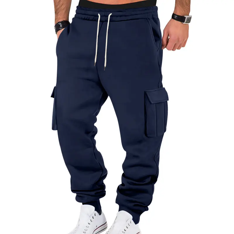 Men's American-style fleece-lined casual cargo pants-featuring a multi-pocket design, drawstring waist, and cuffed hems.