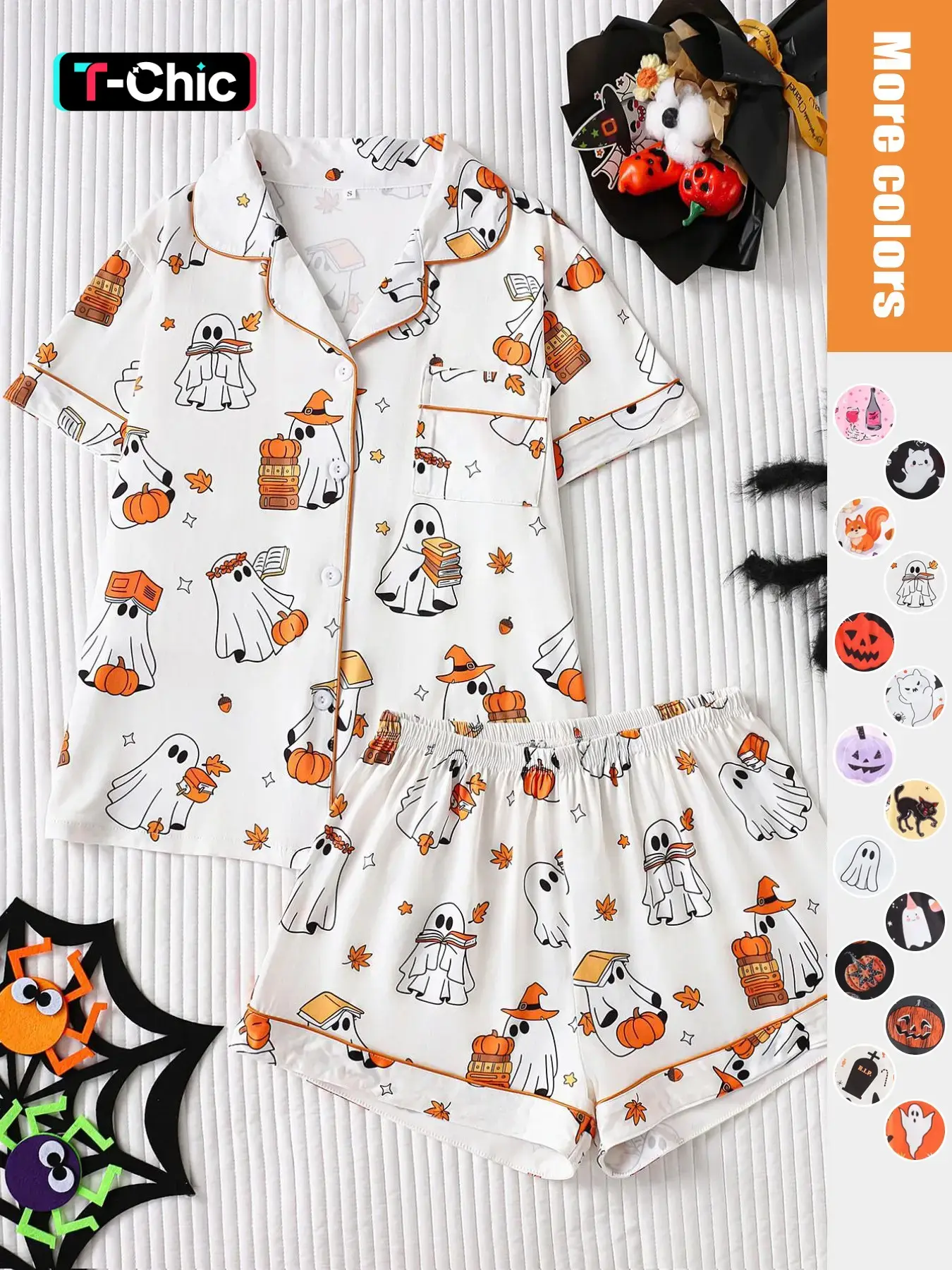 Women's Halloween Pajama Set, Cartoon Ghost Pumpkin Print, Fitted Short Sleeve Top, Loose Comfortable Shorts, Fun Casual Sleepwear
