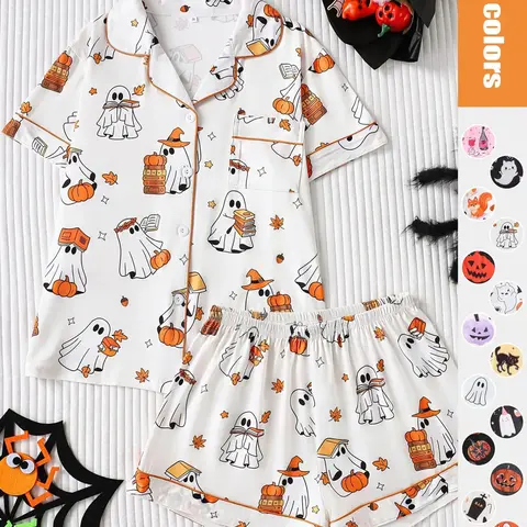 Women's Halloween Pajama Set, Cartoon Ghost Pumpkin Print, Fitted Short Sleeve Top, Loose Comfortable Shorts, Fun Casual Sleepwear, Loungewear Pjs Set