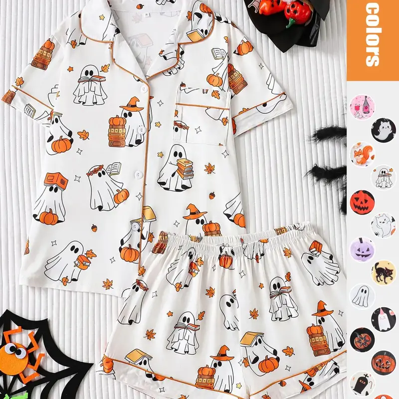 Women's Halloween Pajama Set, Cartoon Ghost Pumpkin Print, Fitted Short Sleeve Top, Loose Comfortable Shorts, Fun Casual Sleepwear, Loungewear Pjs Set