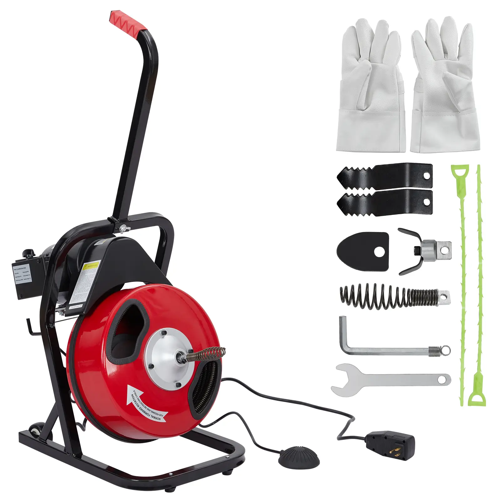 Portable Electric Drain Cleaner Sewer Snake with 75 ft x 3/8 in Heavy-Duty Automatic-Feed Steel Frame Cable, 250W Powerful Motor, 4 Interchangeable Cutters, Pneumatic Foot Switch & GFCI, Industrial Pipe Cleaning Tool for 1in-4in Basement Drains
