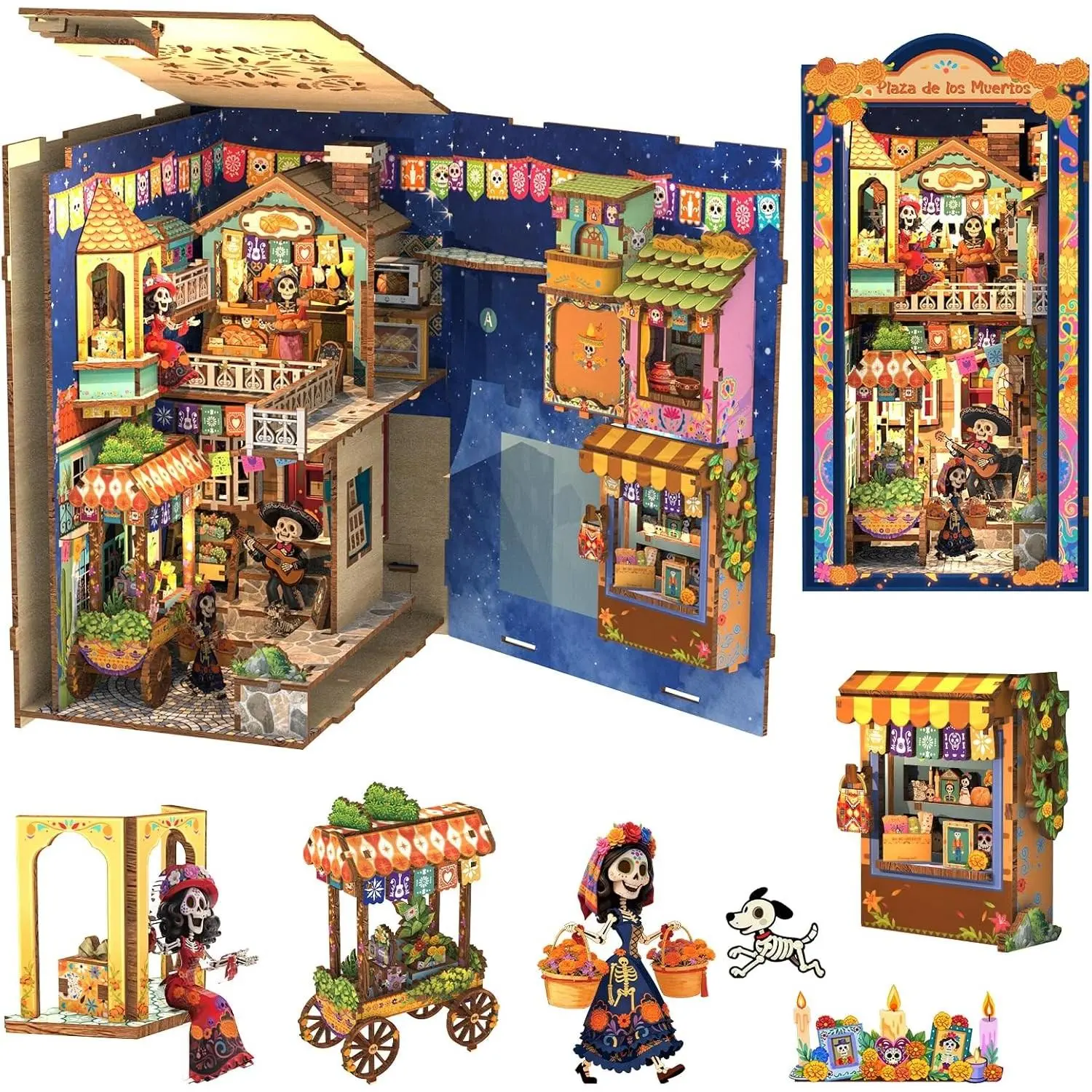 Book Nook Kits for Adults, Mexican Art & Culture DIY Miniature House Dollhouse Bookend, 3D Wooden Puzzle with LED Bookshelf Insert Decor, Creative Gifts for Teens (Plaza de Los Muertos)