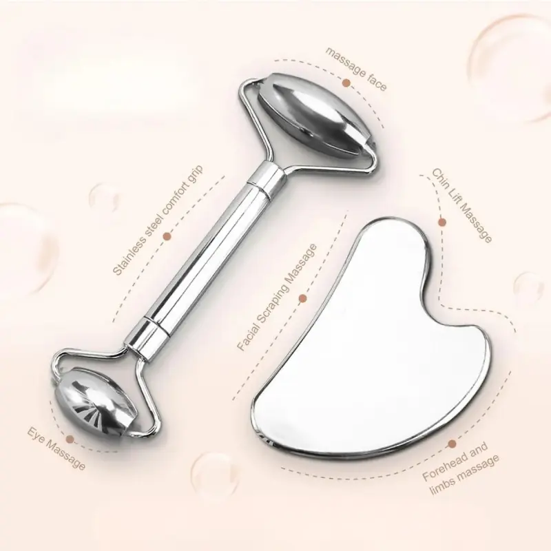 Stainless Steel Gua Sha & Face Roller Set for Jawline Sculpting, Depuffing & Skin Glow, Anti Puff Face Sculpting Kit for Women Daily Skin Care Routine, Facial Beauty Massagers, Face Slimmer