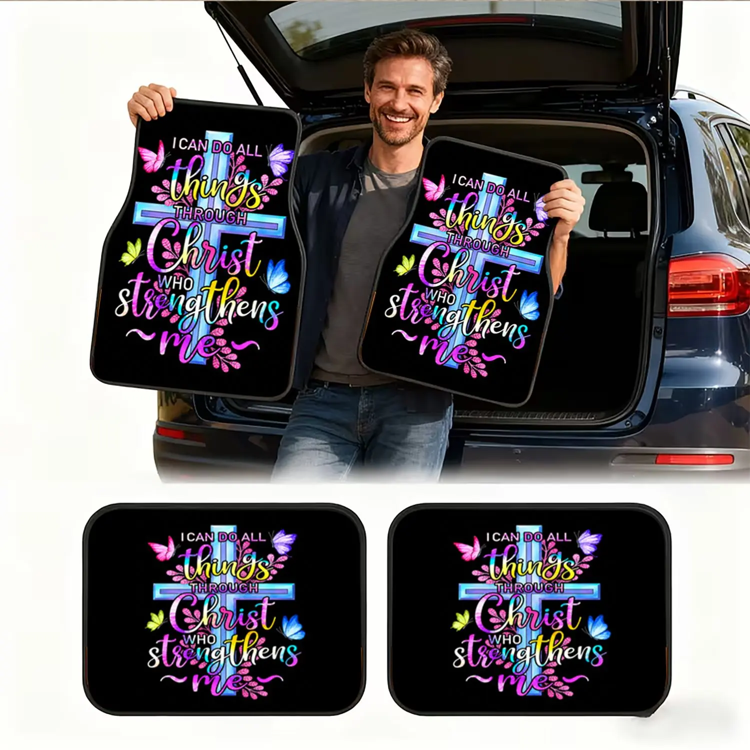 Christian Religious Style, Car Floor Mats Set I Can Do All Things Through Christ Quote  Cross And Butterflies Design, Non-Slip Rubber Backing Durable For Faith-Based Drivers Church Goers Bible Verse Lover pet friendly anti-slip front foot perfect birthday