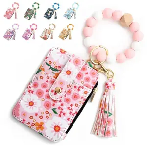 Women's Silicone Beaded Keychain Wristlet Wallet, Aesthetic Credit Card Holder with Card Slots & Floral Prints, Key Ring Bracelet Organizer Protector, Gifts for Adults Purses (Free Gift & Shipping, Mother's Day Idea)#SummerVibes, Card Organizer