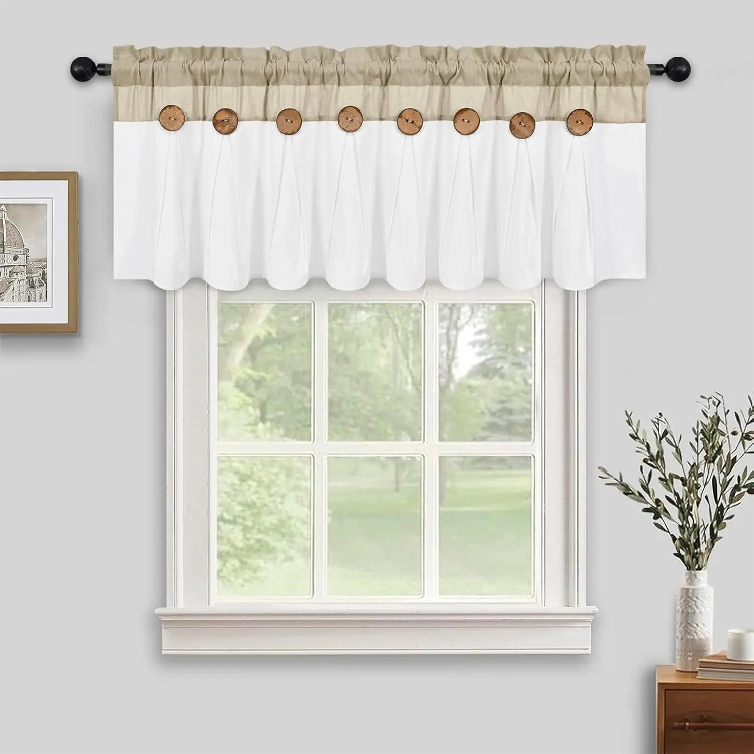 Boho Cotton Farmhouse Window Valances - Casual 1-Piece Rod-Mounted Curtain Accessories with Button Motif, White, 52x18 in, One-Piece