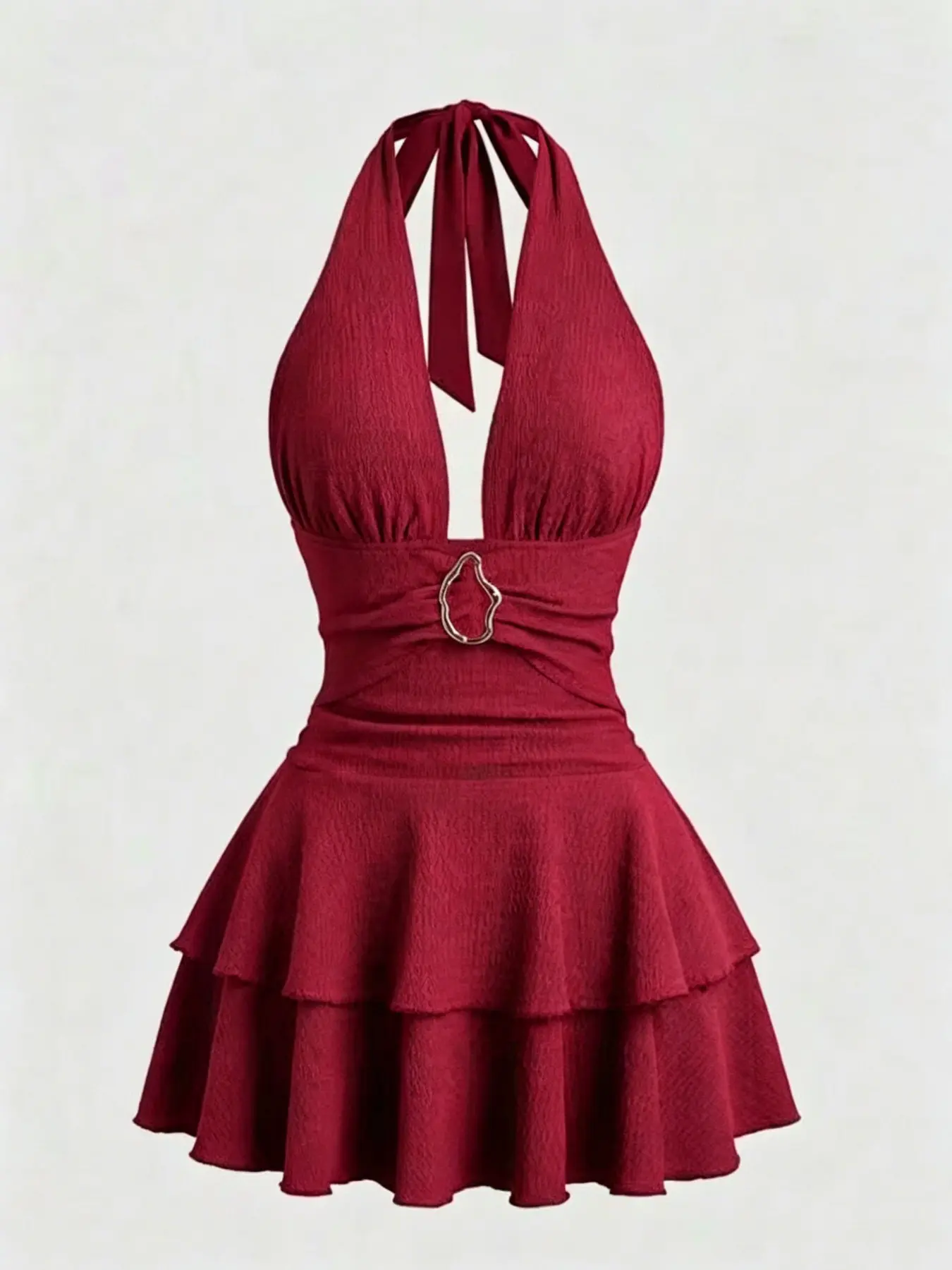 Elegant Metal Button Decorated Halter Neck Pleated Hem Short Party Dress, Perfect for Women, Stylish, Chic and Comfortable