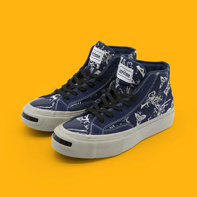 Unisex Navy Blue Preppy Geometric All-Over Print Jacquard High-Top Platform Skate Sneakers, 42(US Men9/US Women10), Pull Tab, Laces Casual Trainers, Light Gray Thick Sole Retro Street Canvas Shoes for Teens