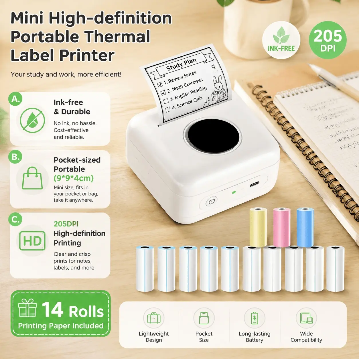 Mini HD Portable Label Printer, Inkless Thermal Printer, Wireless Thermal Study Aid for Students, Reusable Sticker Maker for Office & Learning, Pocket-Sized Homework Helper, Efficient Note-Taking Tool, No Ink Needed Instant Print.