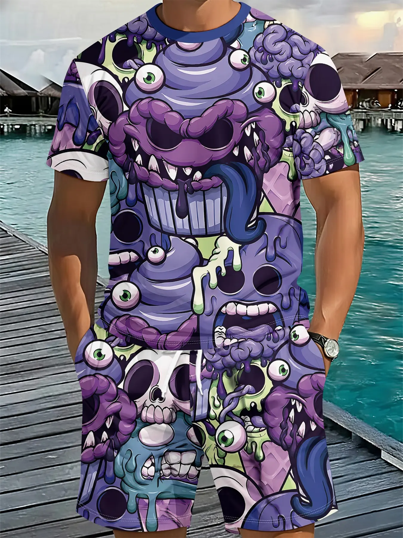 Two-piece set with 3D digital print of dark cartoon monster graffiti on purple background, 2Pcs, trendy fashion suit, trendy vintage casual two-piece outfit, fashionable vacation wear, breathable sporty casual style, an ideal holiday gift for men