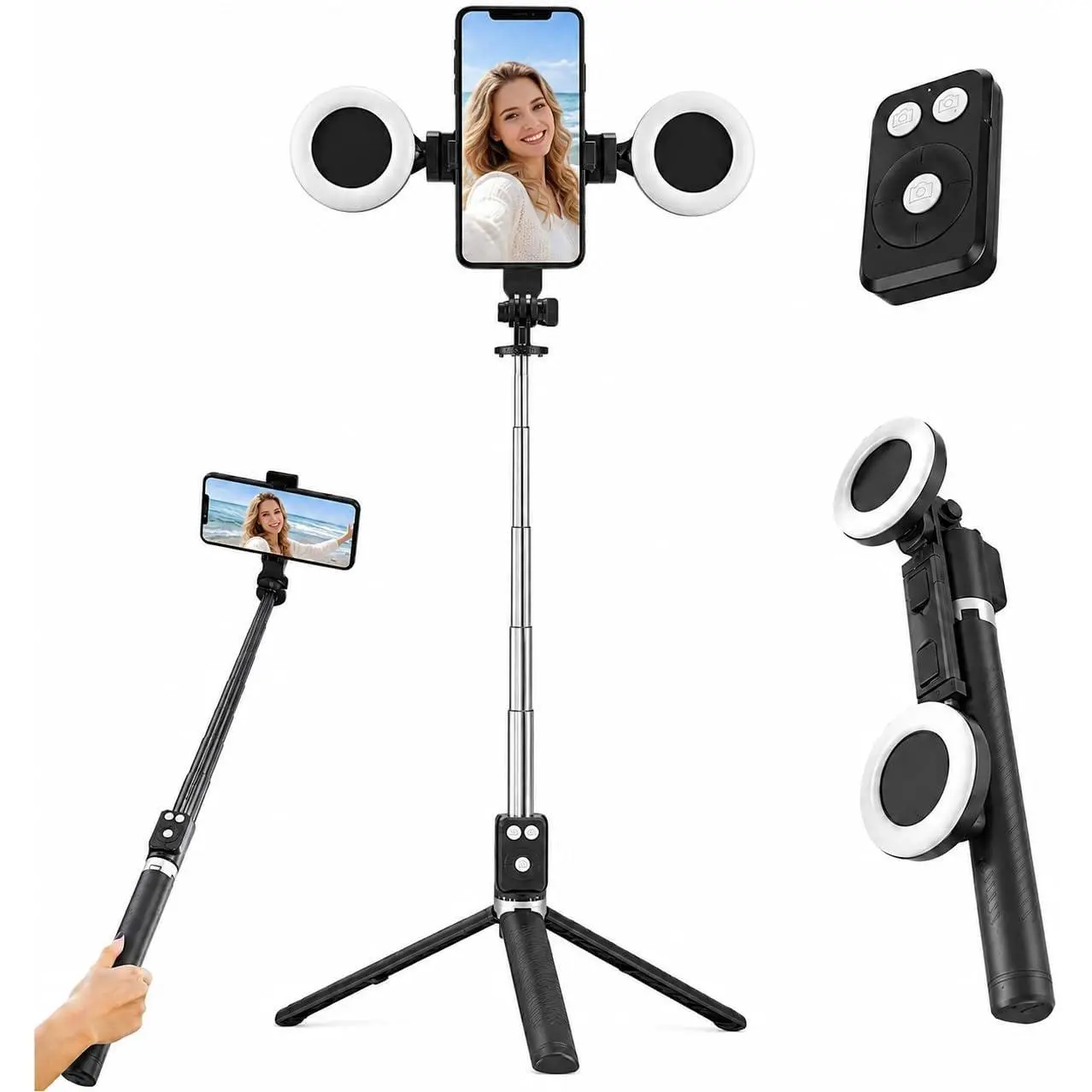 Black Tripod for  with Light, Ring Light Holder for , Adjustable Selfie Stick Stand with Fill Light, Extendable Phone Tripod for Video Recording, Live Streaming, and Photography