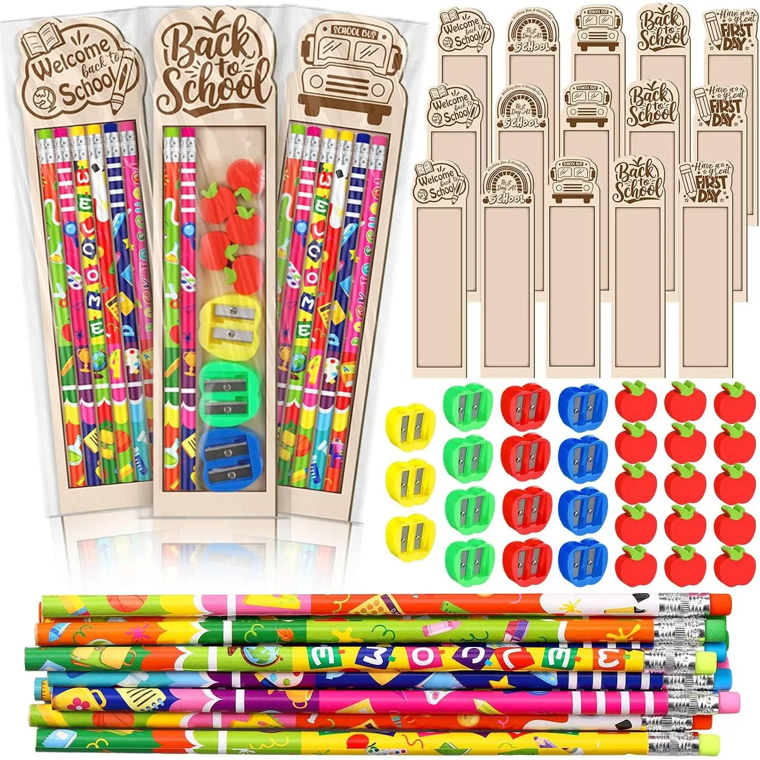 90 count /15 Set  to School Teacher Stationery Pencils Set Include  Shape Erasers Sharpeners Pen Holders for Students Classroom Exchange Prize Goodie Bags Fillers