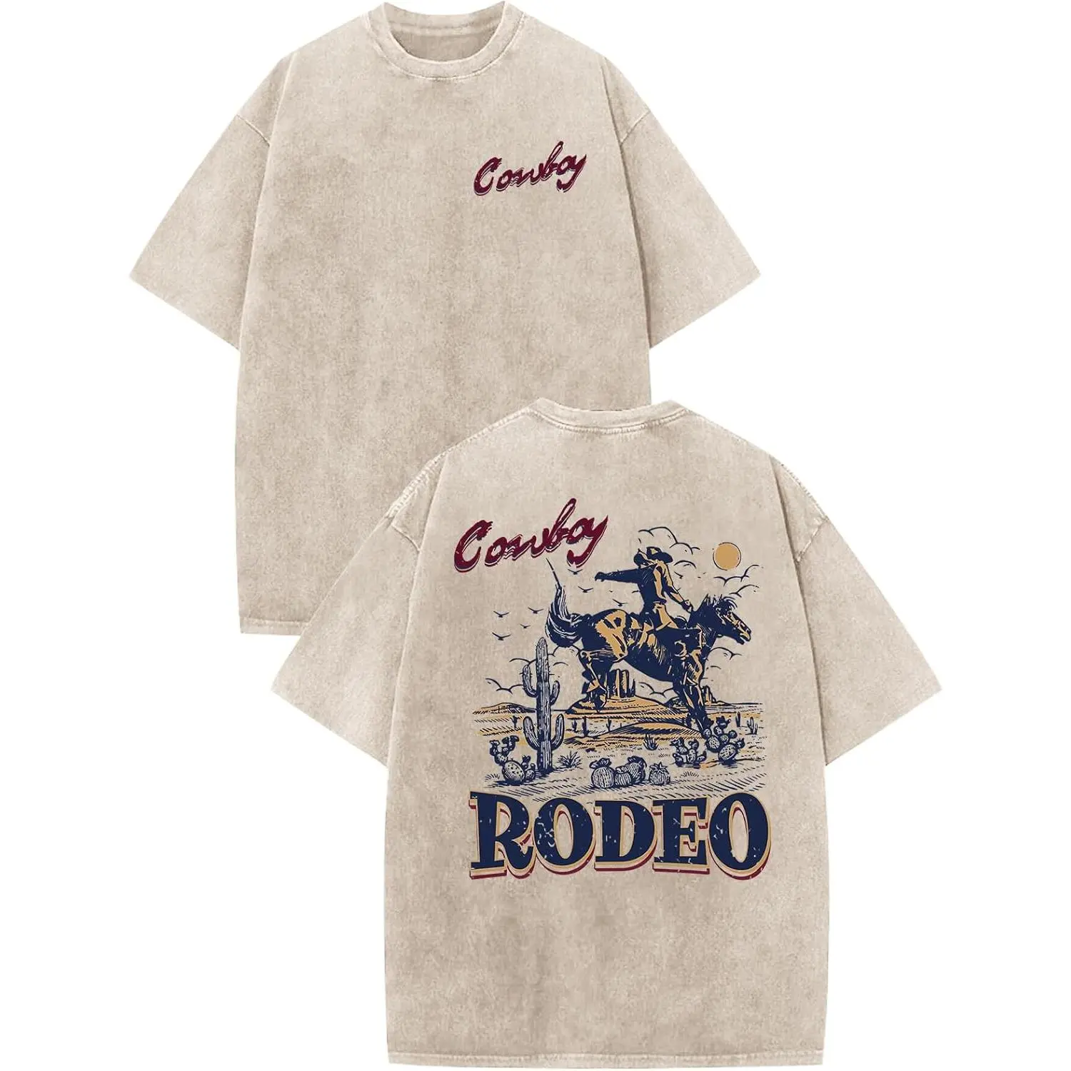 Cowboy Rodeo Graphic Tee Vintage Wash Acid Wash Aesthetic Heavyweight Premium Cotton Tshirt Double Sided Print Western Desert Slogan Letter T Shirt Women Short Sleeve Crewneck Top Best Gift Men Loose Casual Top Oversized Trendy