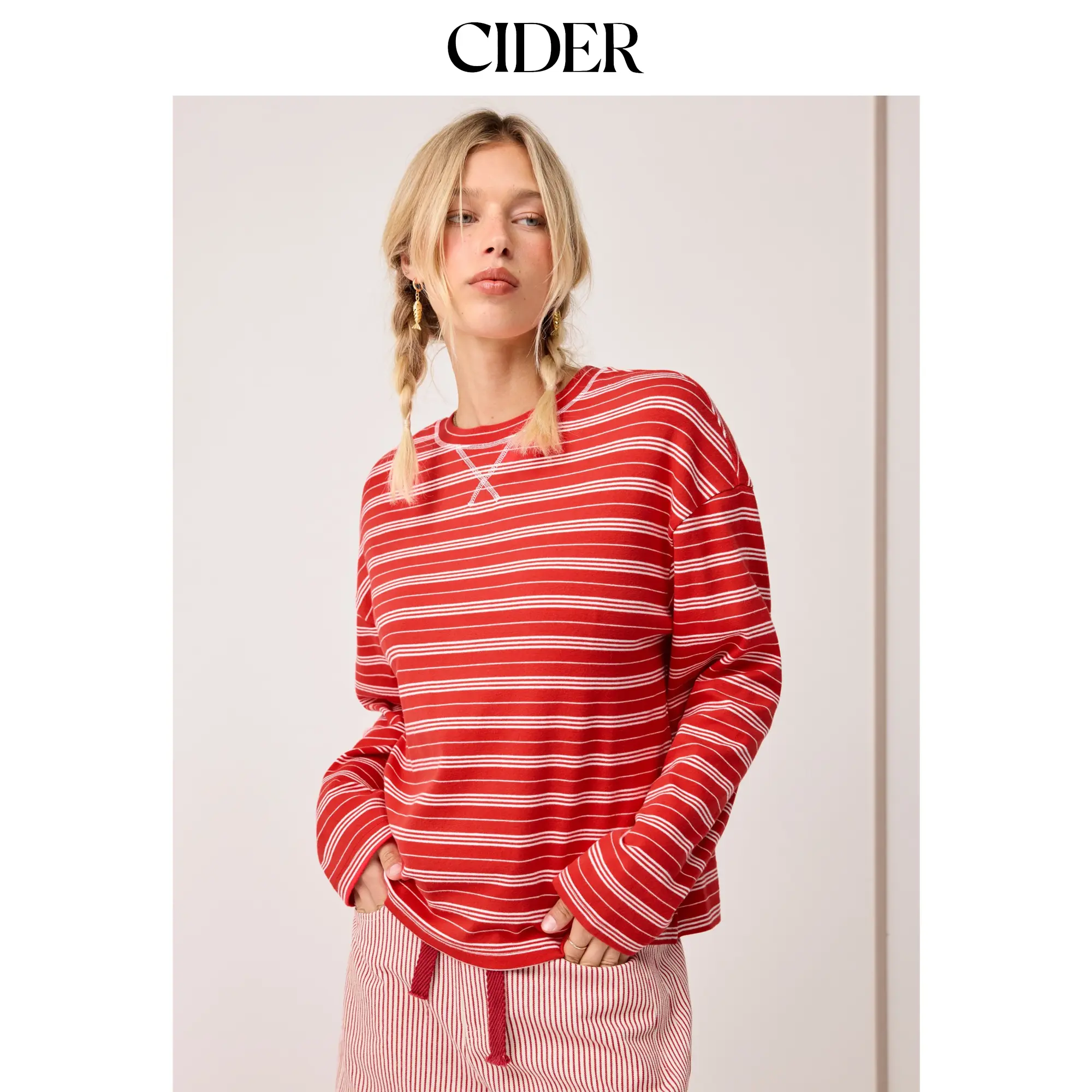 Cider Cotton-blend Stripe Round Neckline Long Sleeve Tee