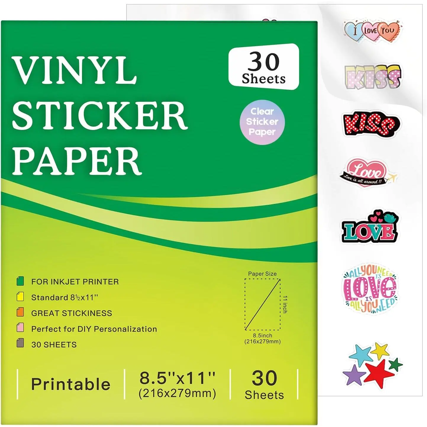 30 Sheets Printable Clear Sticker Paper for Inkjet Printer,  Vinyl Transparent Sticker Paper , Dries ,  Colors, 8.5x11" Labels  for  Machines