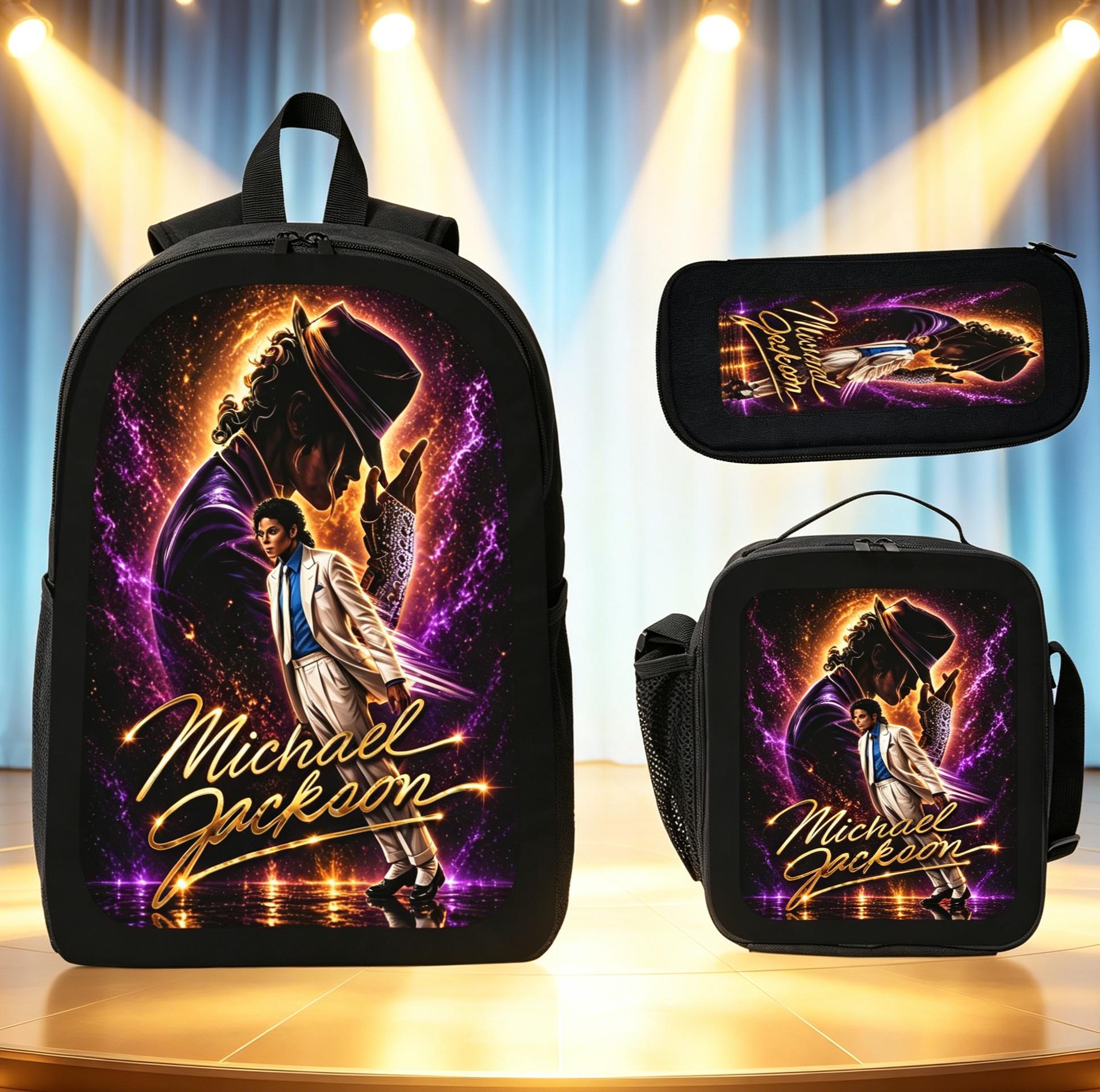 3-Piece Backpack Set, Michael Jackson Themed School Bookbag for Teen Music Fans with Lunch Bag & Pencil Case, Casual Travel Daypack