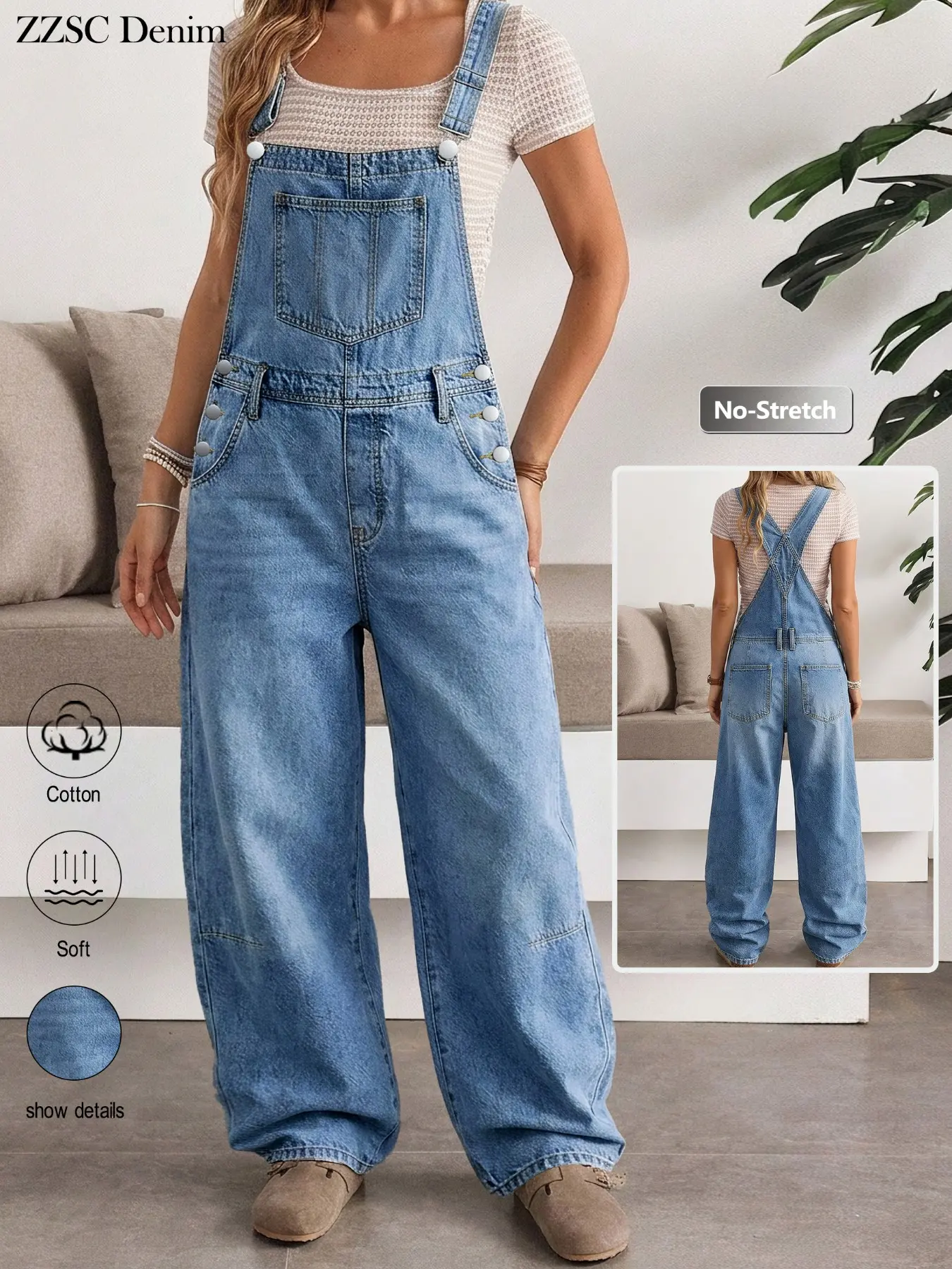 Light Blue Washed Wide Leg Jeans Overall for Women, Adjustable Shoulder Straps, Side Buckle, Vintage Workwear Style, Long Pants