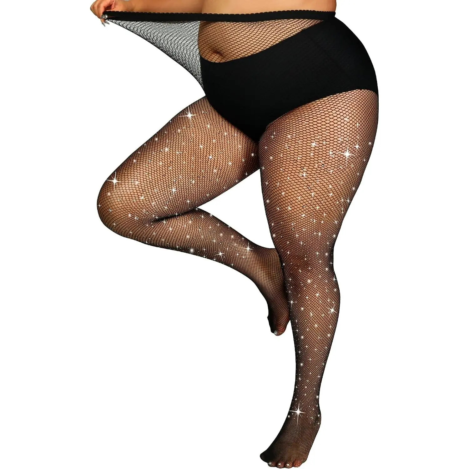 Plus Size Sparkly Fishnet Tights Glitter Rhinestone Shiny Mesh Stockings Pantyhose(Gift)