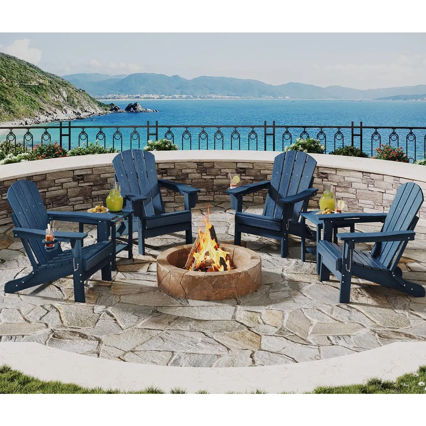 Folding Adirondack Chair Set of 4 with 2 Side Tables – All-Weather HDPE Patio Chairs, Wood Grain Texture, Cup Holders, Durable & Collapsible Outdoor Seating for Garden, Deck, Porch, Backyard, Fire Pit