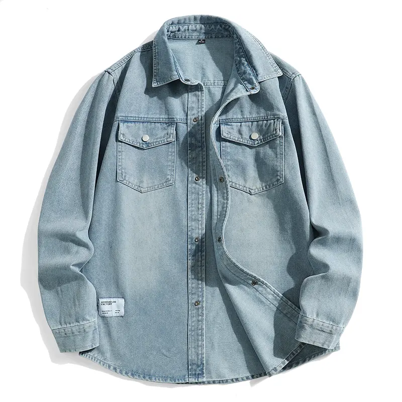 Men's Vintage Washed Plain Cotton Blend Denim Jacket - Medium Length Long Sleeve Shirt Jacket, American Retro Street Style, Soft Fabric, Dual-Pocket Design, Cold Wash Safe, Versatile for Daily Wear, Parties