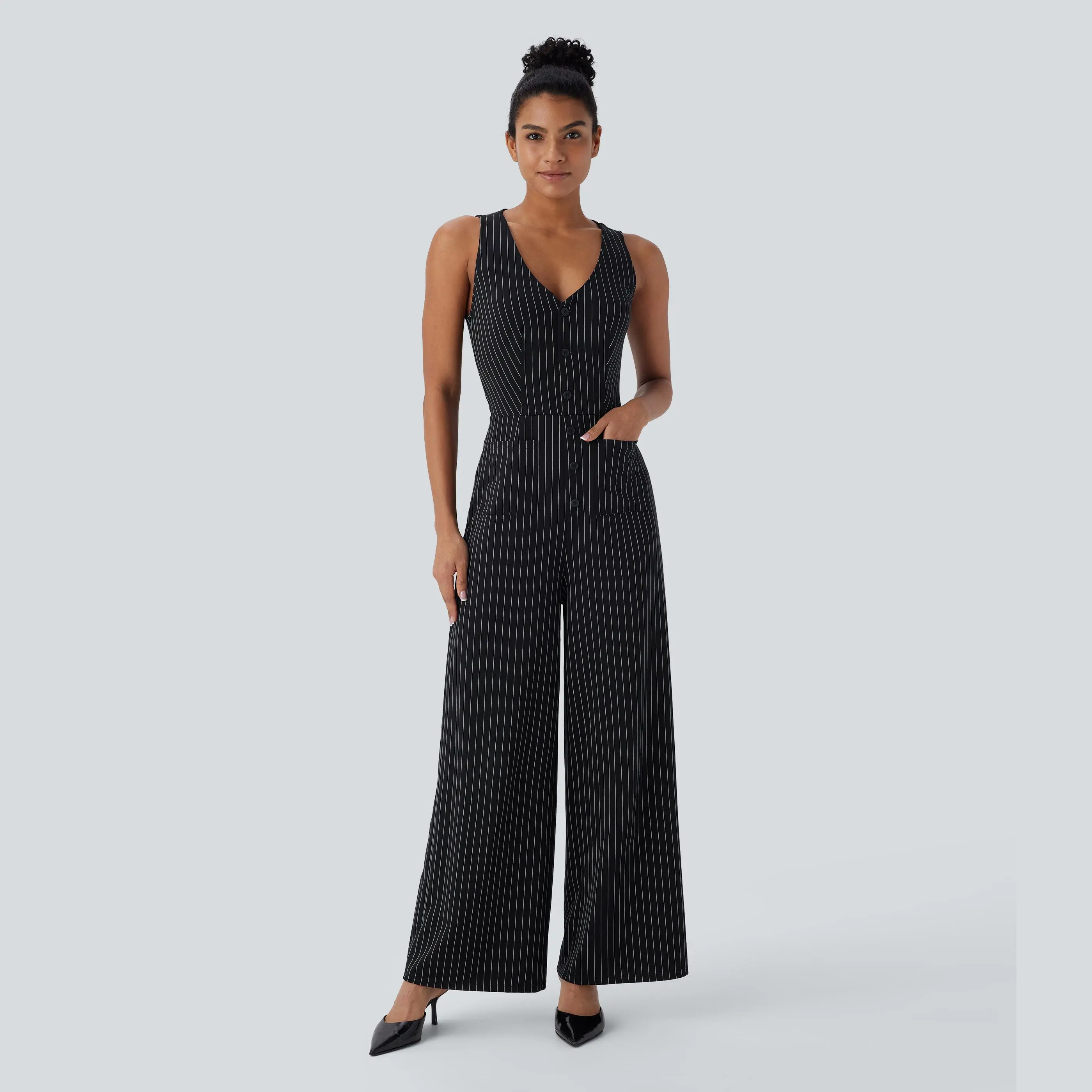 Halara V Neck Sleeveless Cut Out Pockets Wide Leg Stripe InstantCool Work Jumpsuit