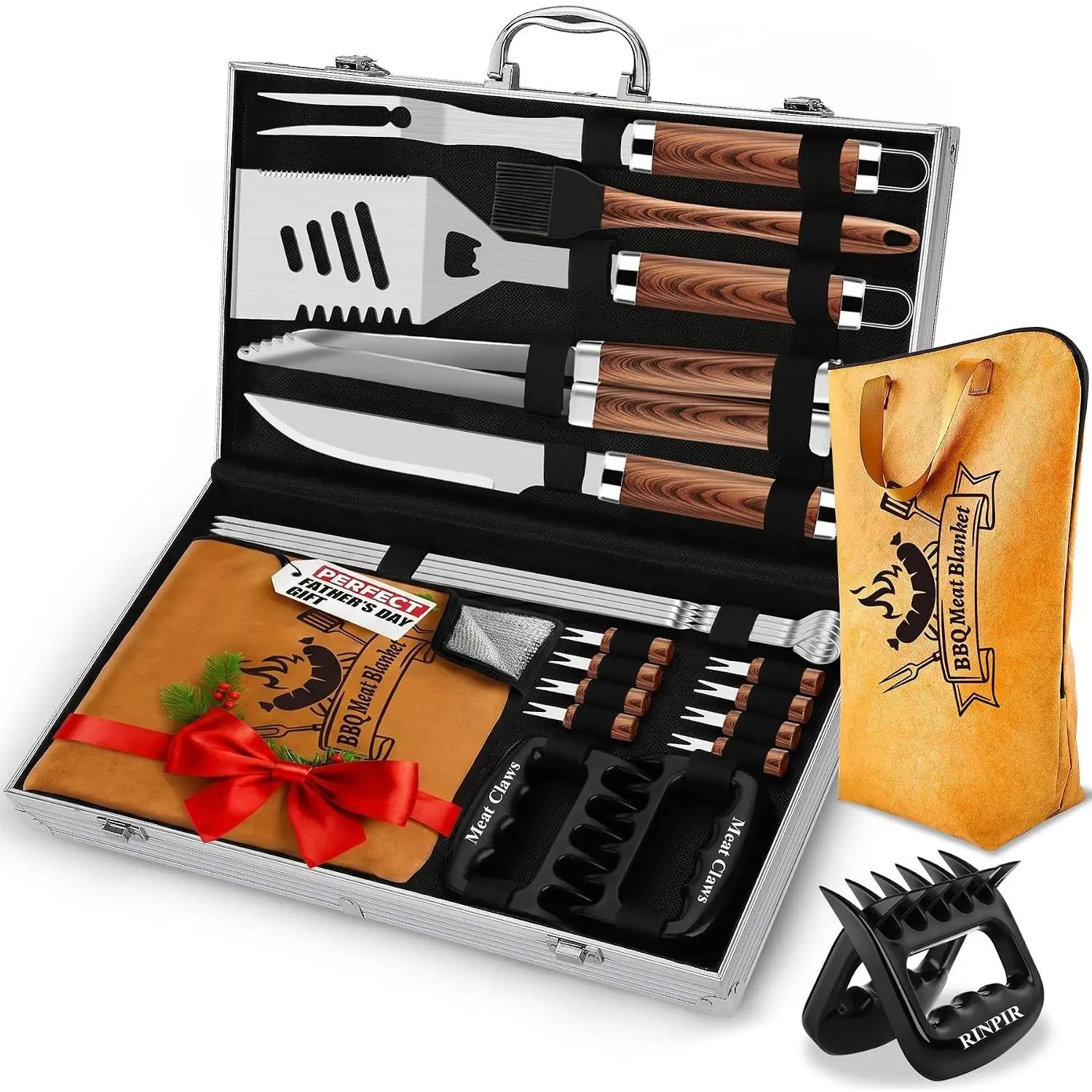 21pcs Sturdy BBQ Accessories Set with 21in Insulation Reusable Meat Blanket, Father’s Day Gifts for Men, Stainless Steel Oil-Resistant Tools Kit in Aluminum Case for Beach Pork Grilling Outdoor Camping, Handles