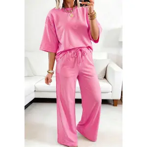 Sachet Pink Lace Patchwork Half Sleeve Top Elastic Waist Pants Two Piece Set