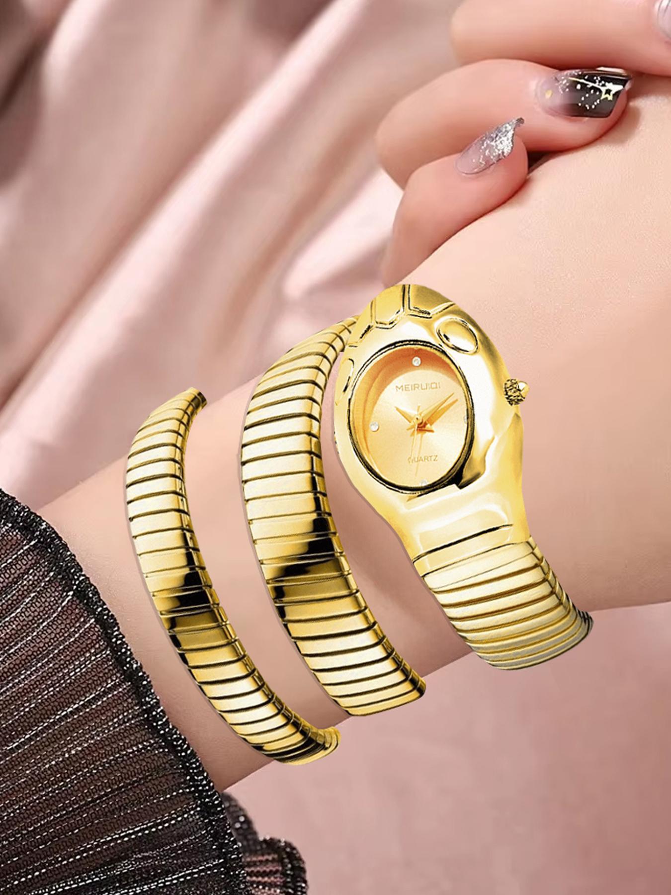 Women's Elegant Snake Design Rhinestone Decor Watch & Jewelry Set, Fashion Watch & Bracelet & Necklace & Ring Set, Trendy All-match Watch Set for Birthday Gift, Complete Accessories Set