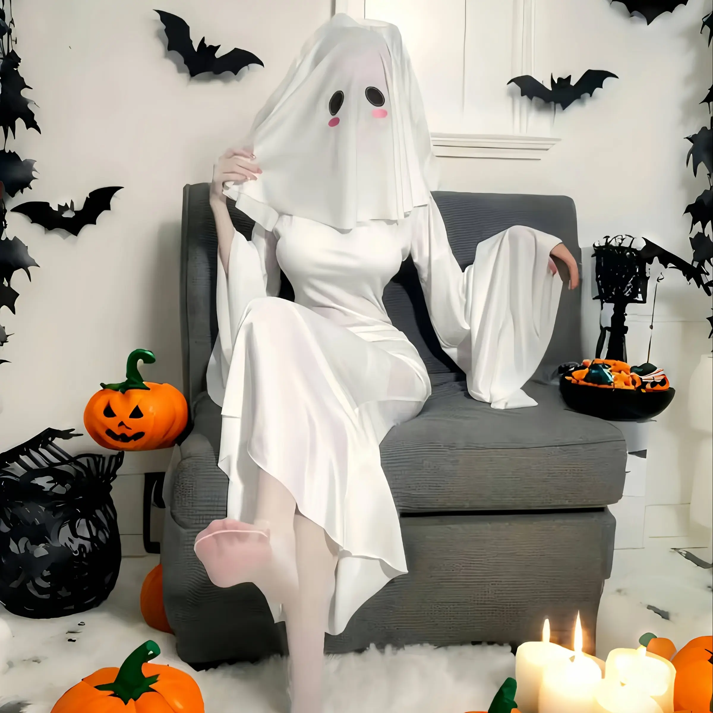 Sexy Ghost Costume Bodysuit Dress Sm, Stretchy Fabric, Two Mask Designs, Full Body Tight Dress, Halloween and Role Play