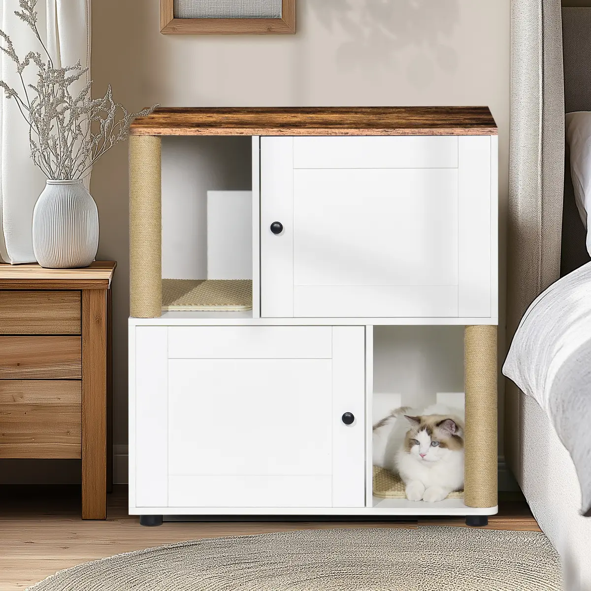 Cat Litter Box Enclosure for 2 Cats, White Hidden Litter Box Furniture Cabinet with Shelf