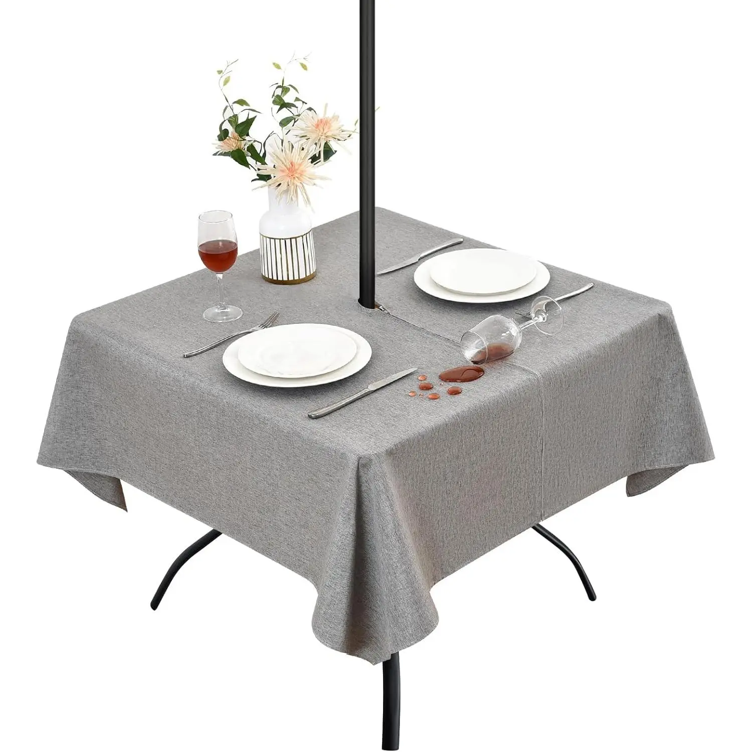 Wolkemer Water Resistant Outdoor Grey Tablecloth with Umbrella Hole and Zipper, 54x54 inch Square Faux Linen Table Cloth Wipeable Patio Table Cover for Picnic Camping Party