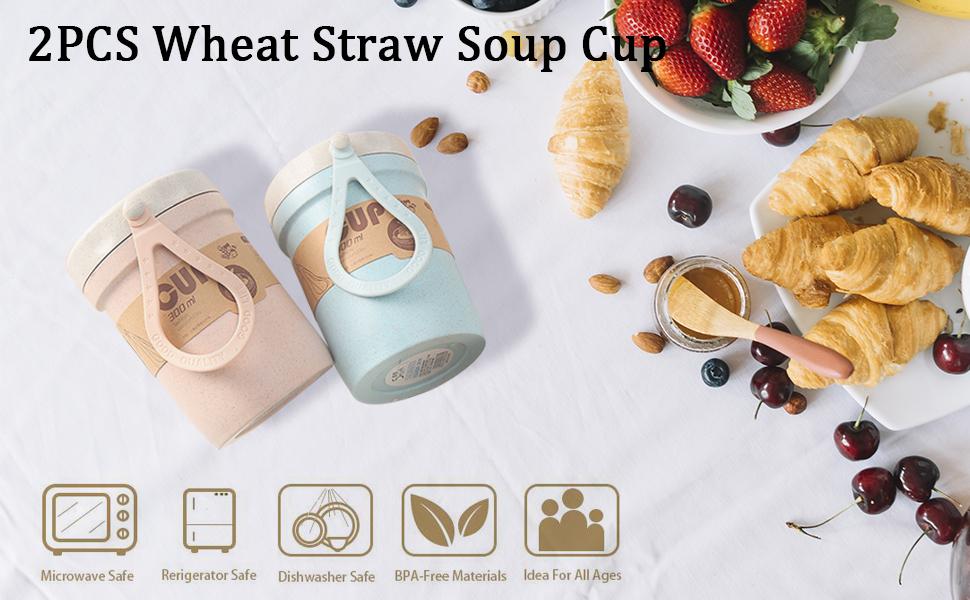 SICANDAENHK Enjoy warm meals on the go with these 2PCS 300ml wheat straw soup cups!Microwave-safe, portable, and come with spoons-perfect for porridge, breakfast, and lunch at the office, outdoor trips, or travel.Cute blue & pink design for daily
