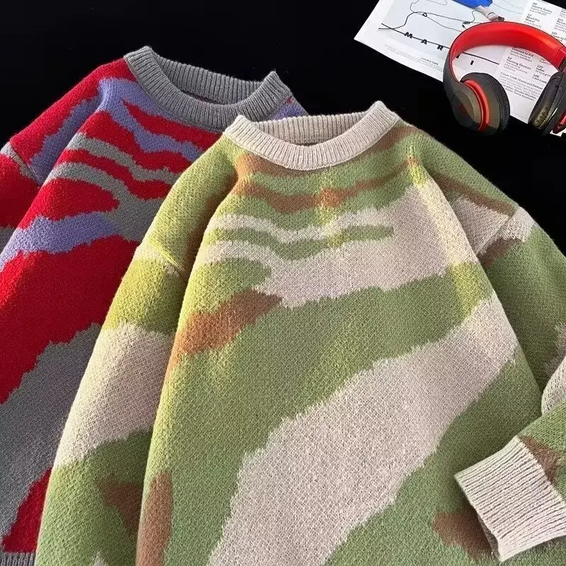 2026 New Arrival Men's Clouds Print Ripped Drop Shoulder Jacquard Knitted Sweater - Regular Fit Long Sleeve Round Neck Casual Jumper, Soft Stylish Fall Winter Menswear Tops, Ideal for Daily Wear & Streetwear