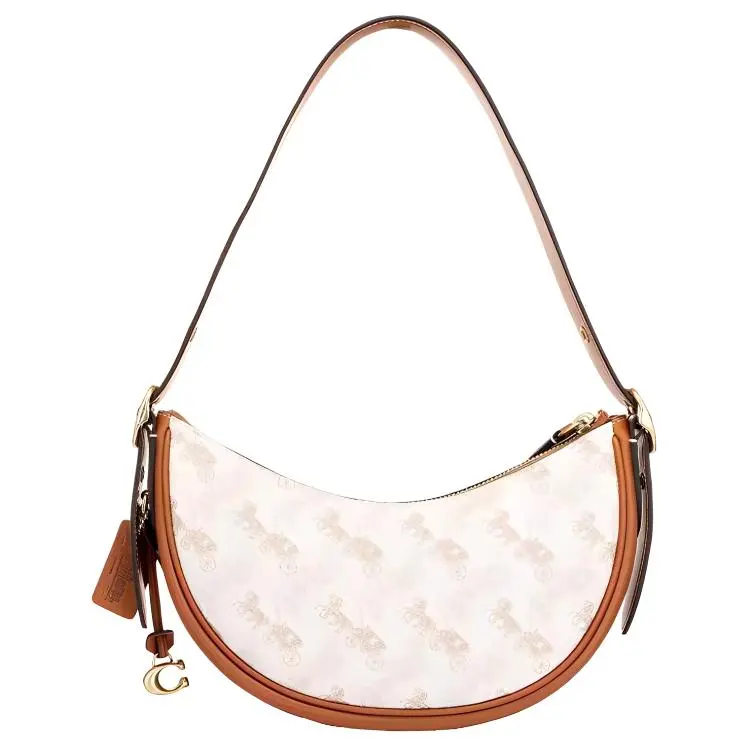 Coach Luna 27 Classic Monogram Crossbody Bag for Women, Gold Hardware, Leather, Large, White