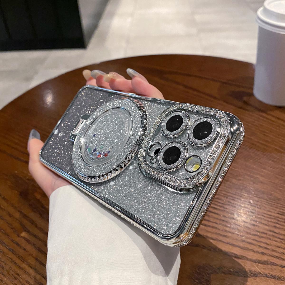 OREKROY Glitter Kickstand Case for iPhone 16 15 Pro Max 16 Plus 15/14/13/12, Luxury Bling Sparkly Diamond Rhinestones with Camera Protector Liquid Flowing Ring Stand TPU Bumper Women Girls Case Gift